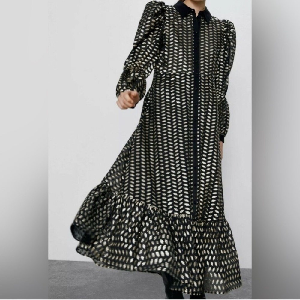 Zara Puff Long Lantern Sleeve Gold Leaf On Black Maxi Dress XS - Picture 6 of 16